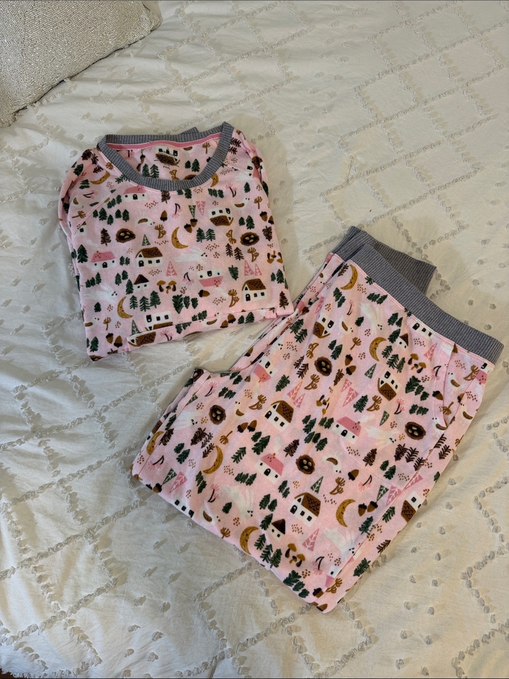 Cuddl Duds Pink Forest & Moon Print Pajama Set with Gray Trim nwt